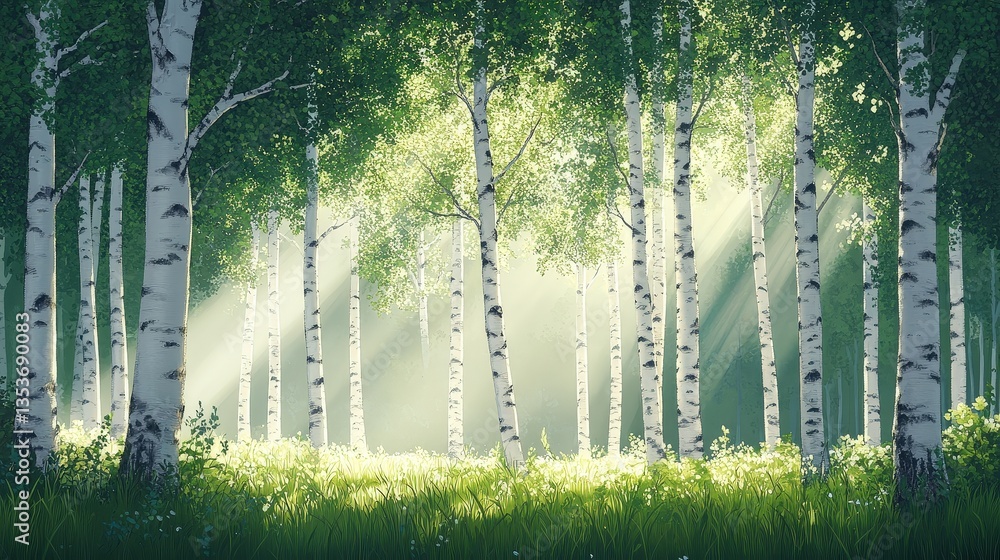 Poster a serene forest scene filled with tall birch trees, illuminated by soft sunlight filtering through t