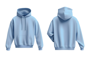 Light blue hoodie mockup with relaxed fit and realistic folds in front and back views on a soft gradient background