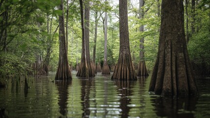 Obraz premium Enchanting cypress forest scene with trees standing tall in calm waters