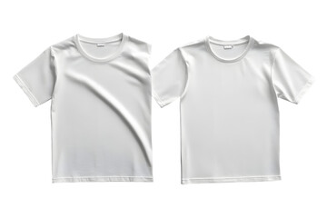 Flat lay of two white t-shirts showing both front and back sides on a white background