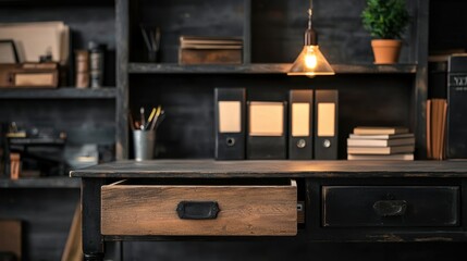 Open wooden drawer in antique cabinet, neatly organized files inside, warm vintage lighting, rustic office setting