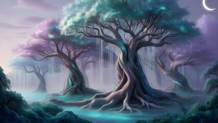 A mysterious forest bathed in the soft glow of dusk, where ancient trees with bright leaves create an otherworldly atmosphere.