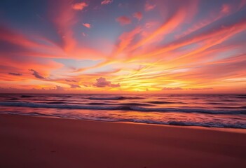 Tranquil sunset beach; vibrant sky, golden sand, calm waves, nature, peaceful