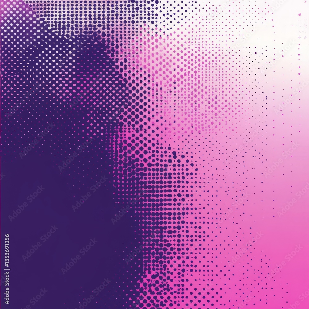 Poster abstraction featuring a blend of purple and pink hues with dotted patterns showcasing intricate text