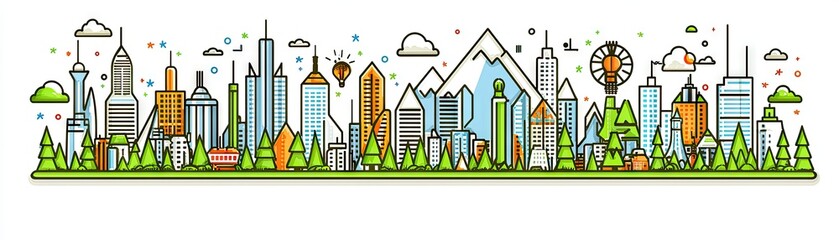 Obraz premium Colorful cityscape with mountains and trees. Use Stock photo for advertising, travel brochures, or design templates