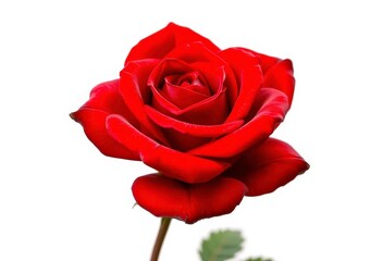 Velvety red rose, full bloom, shimmering petals, isolated white background , close-up, texture