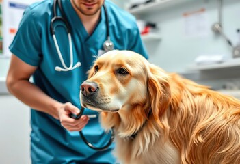 Vet examining golden retriever with stethoscope in clinic, stethoscope, checkup