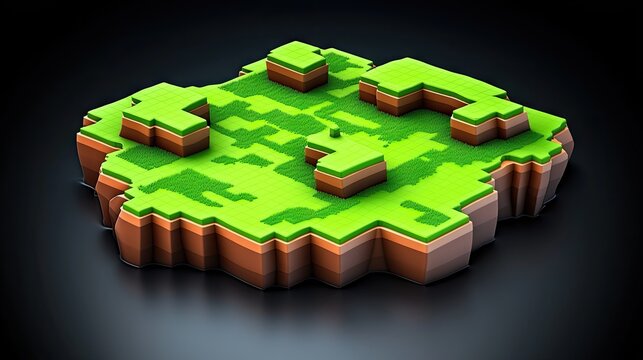 Isometric block land art on dark background, showing terrain ideal for games or presentations