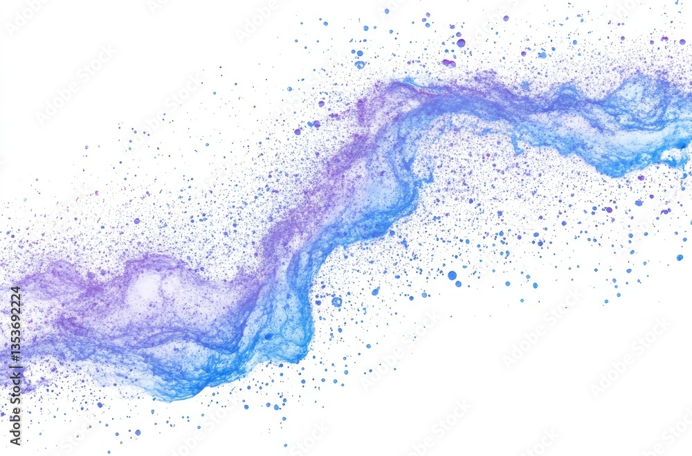 Poster abstract blue and purple fluid splash with vibrant texture and dynamic movement on a white backgroun