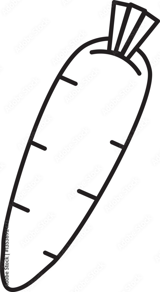 Poster simple black and white line drawing of carrot with few lines indicating texture and leafy top. illus