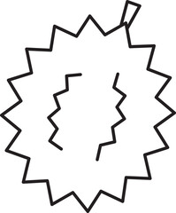 This features simple black outline of durian fruit, showcasing its distinctive spiky shape. illustration is minimalistic and stylized, capturing unique form of durian