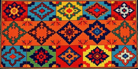 Vibrant geometric patterns in a vintage-style wool rug, arabian rug, colorful textile