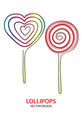 simple colored black and white one continuous line lollipops vector illustration, sweet lolly pops isolated on white background with copy space for text