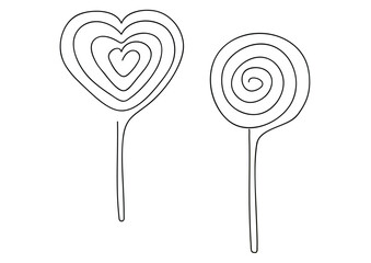 simple black and white heart shaped and round shaped one continuous line lollipops vector illustration, sweet lolly pops isolated on white background with copy space for text