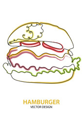 simple colored black and white one continuous line hamburger vector illustration, tasty hamburger isolated on white background with copy space for text, hamburger with beef meat, cheese, salad, tomato