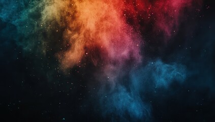 Abstract colorful smoke and dust background with vibrant hues of orange, red, purple, and blue creating an ethereal cosmic atmosphere