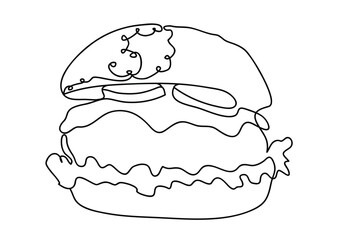 simple black and white one continuous line hamburger vector illustration, tasty hamburger isolated on white background with copy space for text, hamburger with beef meat, cheese, salad and tomato