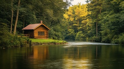 Obraz premium Idyllic small wooden cabin nestled by a serene river surrounded by lush trees