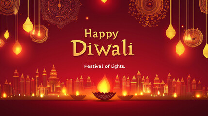 Happy Diwali Festival Celebration with Glowing Diyas, Hanging Lanterns, and Illuminated Cityscape