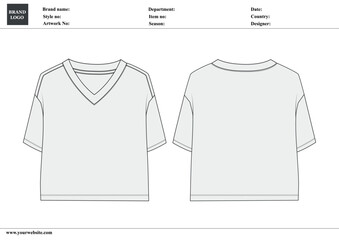 V-neck ladies t shirt tops  technical drawing fashion flat sketch vector illustration template  for ladies and baby girls