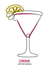 simple colored black and white one continuous line cocktail vector illustration, summer drink isolated on white background with copy space for text, party background with drink