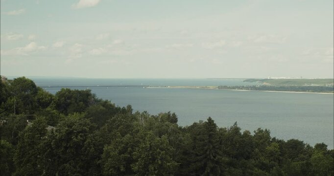 Tranquil bay view with lush green forest