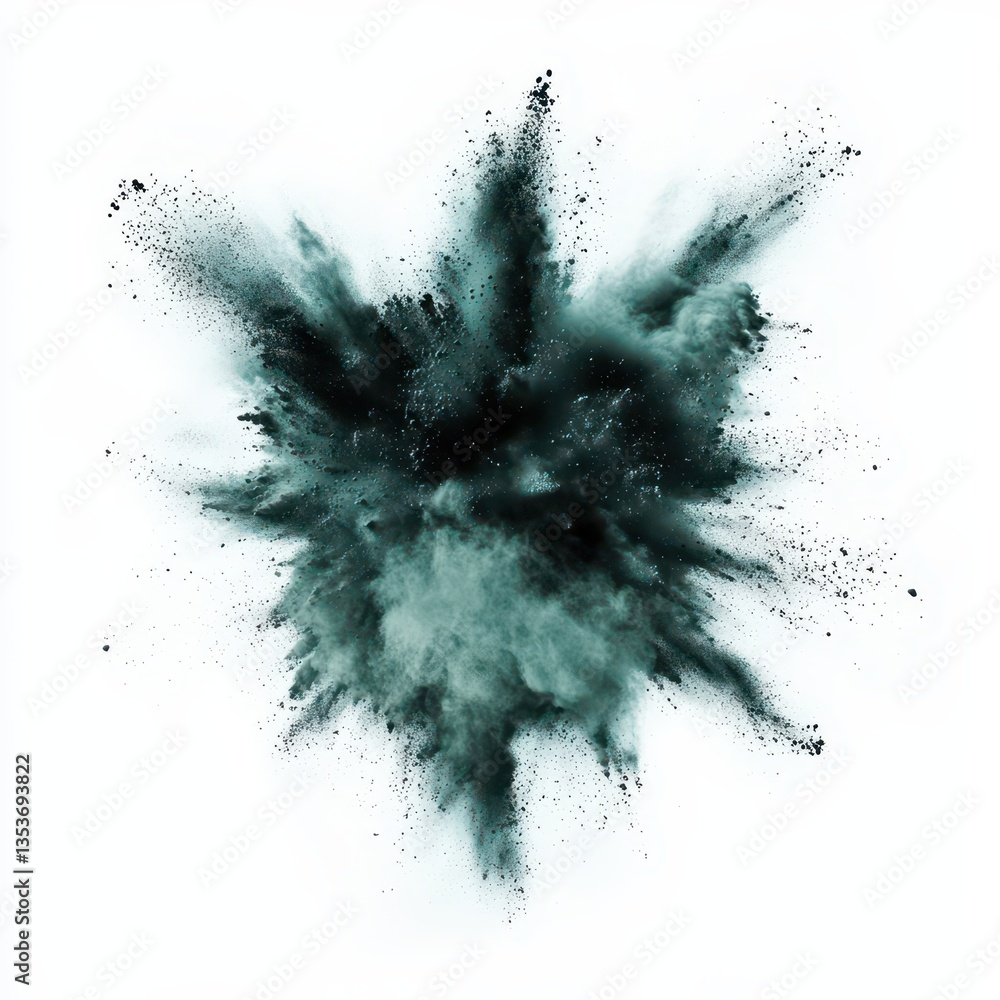 Poster abstract explosion of green powder creating a dynamic visual on a white background, symbolizing ener