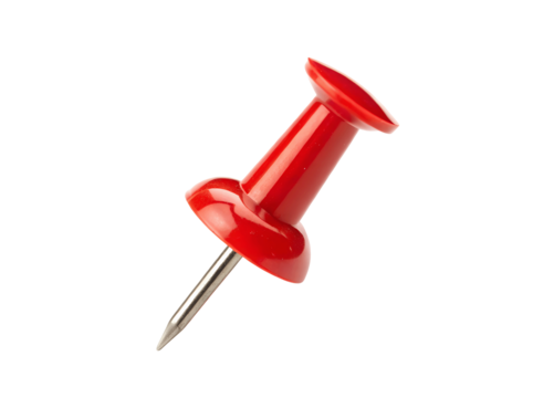 Bright red pin isolated on a clear, transparent white background, high-quality PNG cutout, great for digital graphics, maps, or presentation icons