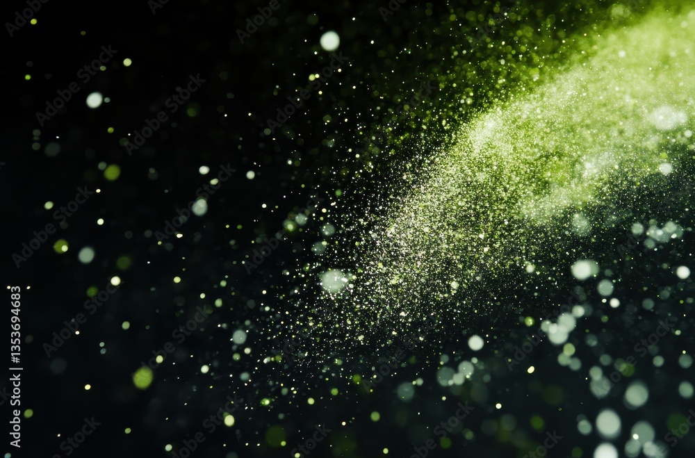 Poster abstract representation of vibrant green glitter particles shimmering in dark space, creating an eth
