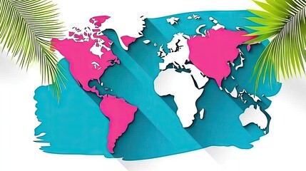 World map, pastel colors, tropical leaves background, presentation design, presentation graphic, design element