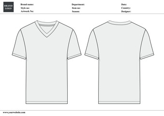 V-Neck T shirt technical drawing fashion flat sketch vector illustration template with tech pack details
