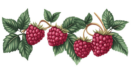 raspberries with green leaves isolated on white background PNG