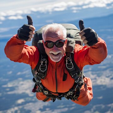 Skydiver celebrates a thrilling jump over breathtaking landscape during bright sunny day