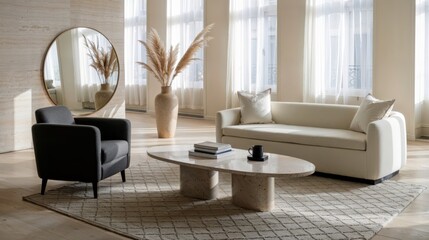 Fototapeta premium Generative AI, Elegant Neutral Living Room with Travertine Table