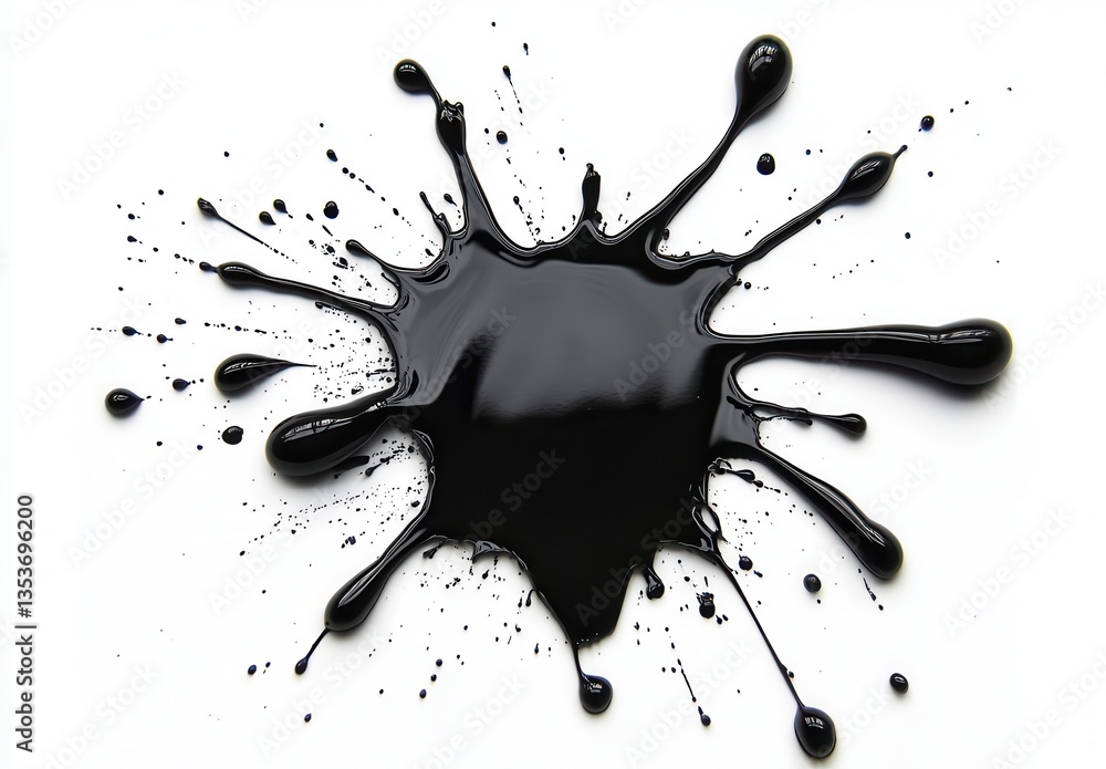 Poster black paint splash on white background creating abstract design with droplets and textures conveying