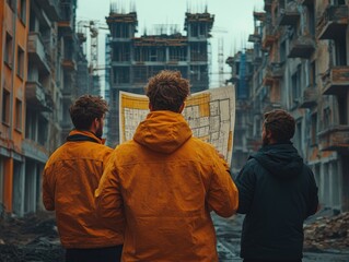 Fototapeta premium Architects Review Building Plans at Construction Site