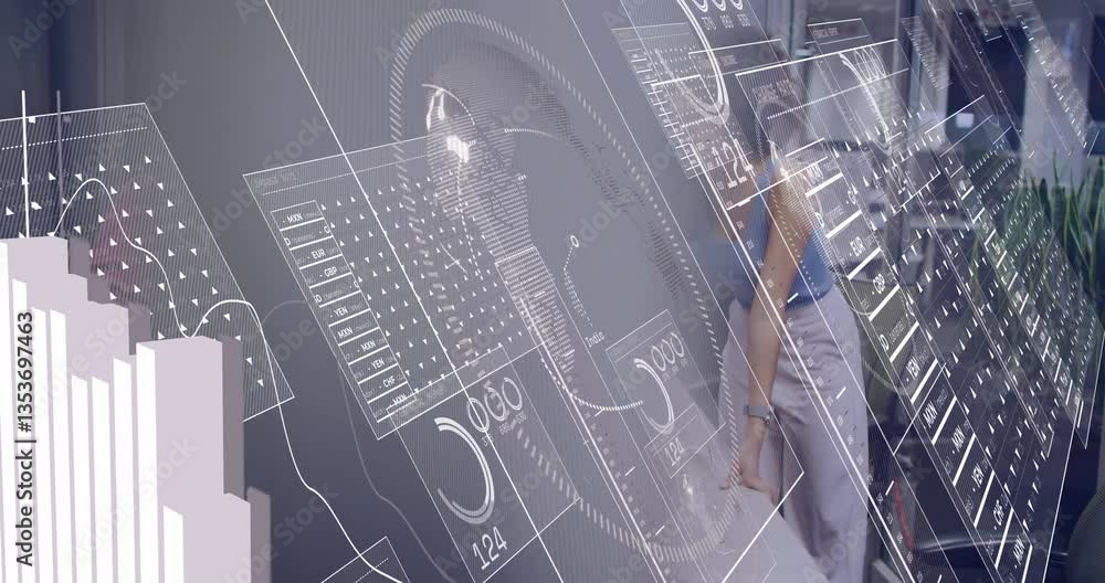 Poster working on futuristic interface, person viewing digital data and animation graphs