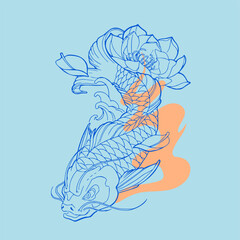 Koi fish with water and cherry flower Artwork vector white background