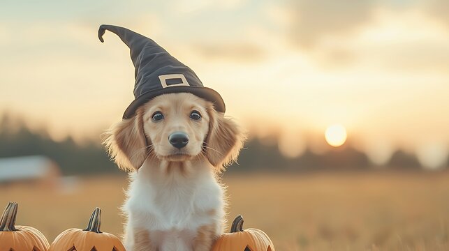 Puppy Halloween Sunset Field.