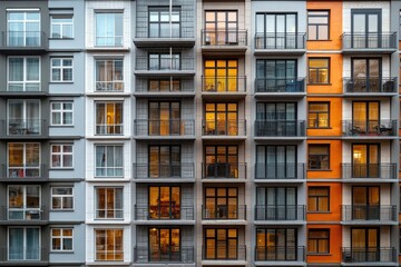 Apartment Building Exterior: Modern Design with Balconies at Night