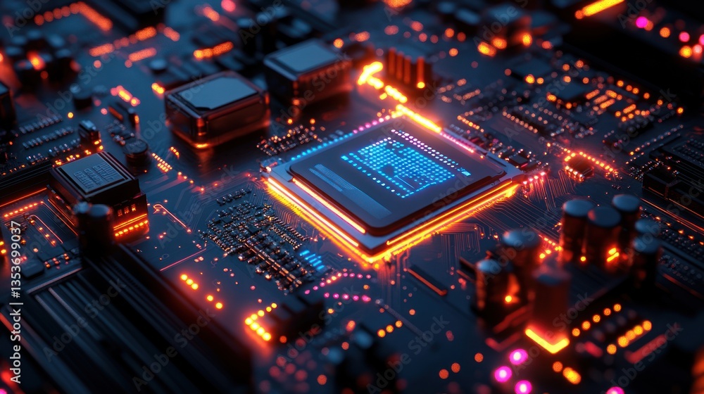 Poster futuristic motherboard illuminated with vibrant led lights showcasing intricate circuits and compone