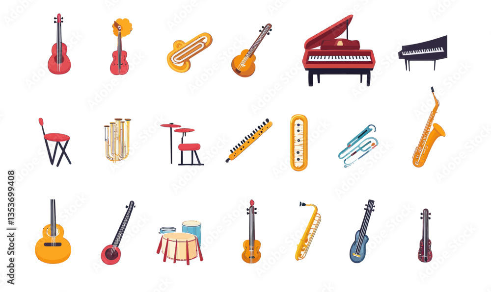 Poster colorful flat vector musical instruments icon set with minimalist design for music projects
