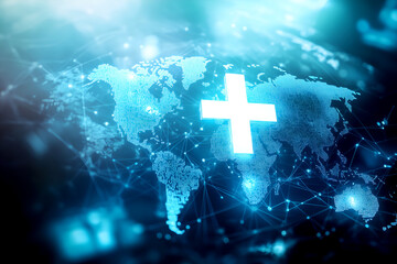 Global healthcare concept, a glowing plus sign overlaid on a digitized world map, illustrating health, wellness, and worldwide medical access in a modern, futuristic representation.
