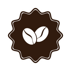 Vector illustration of an icon, a coffee bean logo on a brown emblem on a white background.