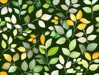 Seamless Pattern of Watercolor Leaves in Green, Yellow and White