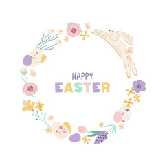 Easter wreath with cute rabbit, eggs, flowers and branches on white background. Decorative round frame with Happy Easter lettering. Design for greeting cards, banners, flyers. Vector illustration