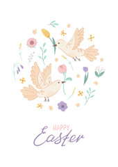 Easter poster with cute birds and spring flowers on white background. Holiday design for covers, posters, banners, greeting cards with lettering Happy Easter. Vector illustration