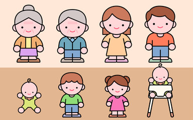 가족 구성원의 귀여운 평면 벡터 일러스트 - 조부모, 부모, 자녀 및 아기