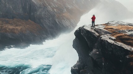 Solitary Figure on a Clifftop, Majestic Ocean Waves Crashing Below