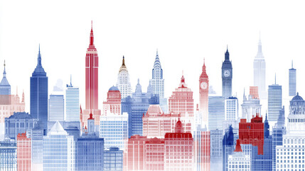 Fototapeta premium vibrant city skyline illustration featuring iconic buildings in red, white, and blue colors, symbolizing patriotism and urban life